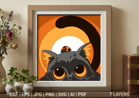 Download Cute Peeking Cat with Ladybug Shadow Box - Shadow Collection